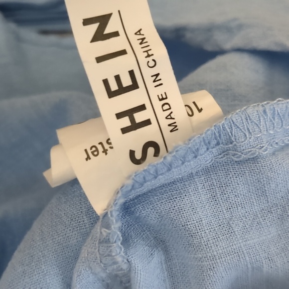 Large Blue Shein Shirt Roll Tab Sleeves Collared Button Up Gold Buttons - Picture 8 of 14